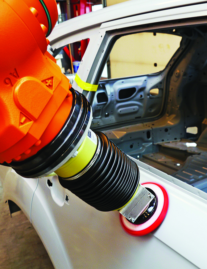 Here, a sensor-feedback flange from KEBA Corp. (called the Active Contact Flange) helps a robot arm buff an auto body with enough precision to ready the surface for a smooth coat of paint. Such end-effector fixtures are increasingly common on six-axis robot arms.