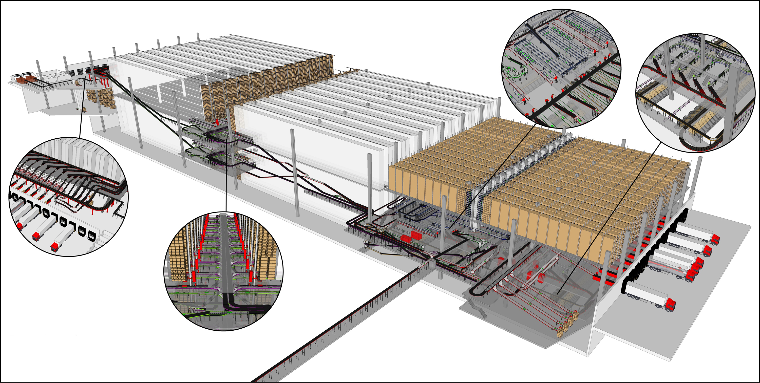 This is a schematic of a conveyor network in a new distribution center for the Mango clothing brand in Spain. Designed by TGW Logistics Group, the conveyors will unify handling of flats that contain preconfigured product assortments and hanging garments to replenish shop supplies. The center will handle nearly 38,000 SKUs.