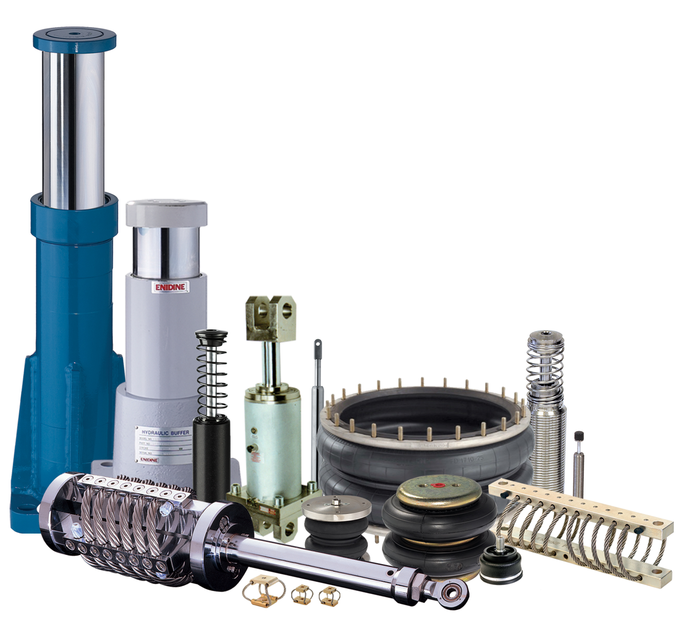 Vibration and shock attenuation components can be comprised of shock absorbers, linear dampers, wire rope or spring isolators, elastomeric isolators, air springs, or structural damping treatments. Photo courtesy of ITT Enidine.
