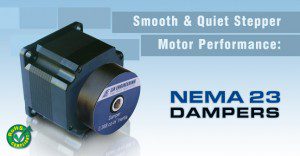 Shown here is a Lin Engineering stepper motor with rear-mounting dampers. The dampers go onto the motor shaft to minimize the amount of motor vibration that transmits to the motor output.