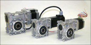 Shown here are servo and stepper motors from Diequa Corp. with worm gearsets. Gearing is helpful in reducing the inertia mismatch to suitable ratios. Note that traditional worm sets only connect to standard ac motors through quill adapters … but the Diequa sets here use backlash-free elastomer jaw couplings and locking devices to connect to the motor output shaft.