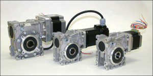 Shown here are servo and stepper motors from Diequa Corp. with worm gearsets. Gearing is helpful in reducing the inertia mismatch to suitable ratios. Note that traditional worm sets only connect to standard ac motors through quill adapters … but the Diequa sets here use backlash-free elastomer jaw couplings and locking devices to connect to the motor output shaft.