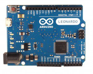 This is an Arduino Leonardo microcontroller board with 20 digital IO pins. Seven can work as PWM outputs and 12 as analog inputs. A USB connection lets users connect a computer or power with an ac-to-dc adapter or battery. Built-in USB communication lets connected computers see the microcontroller automatically.