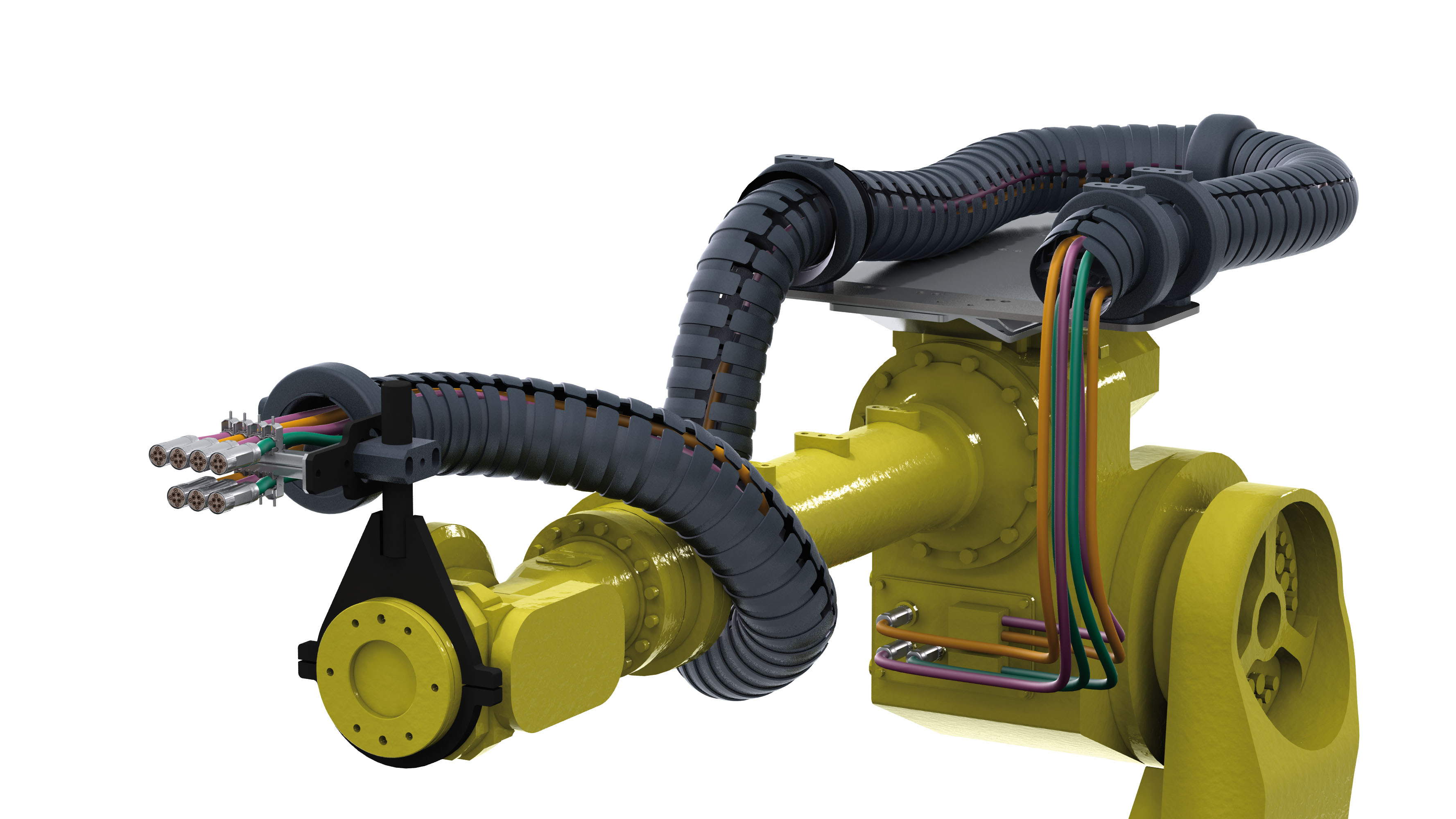 Cables on robotic arms must have high tensile strength, abrasion and flammability resistance. Photo courtesy igus.