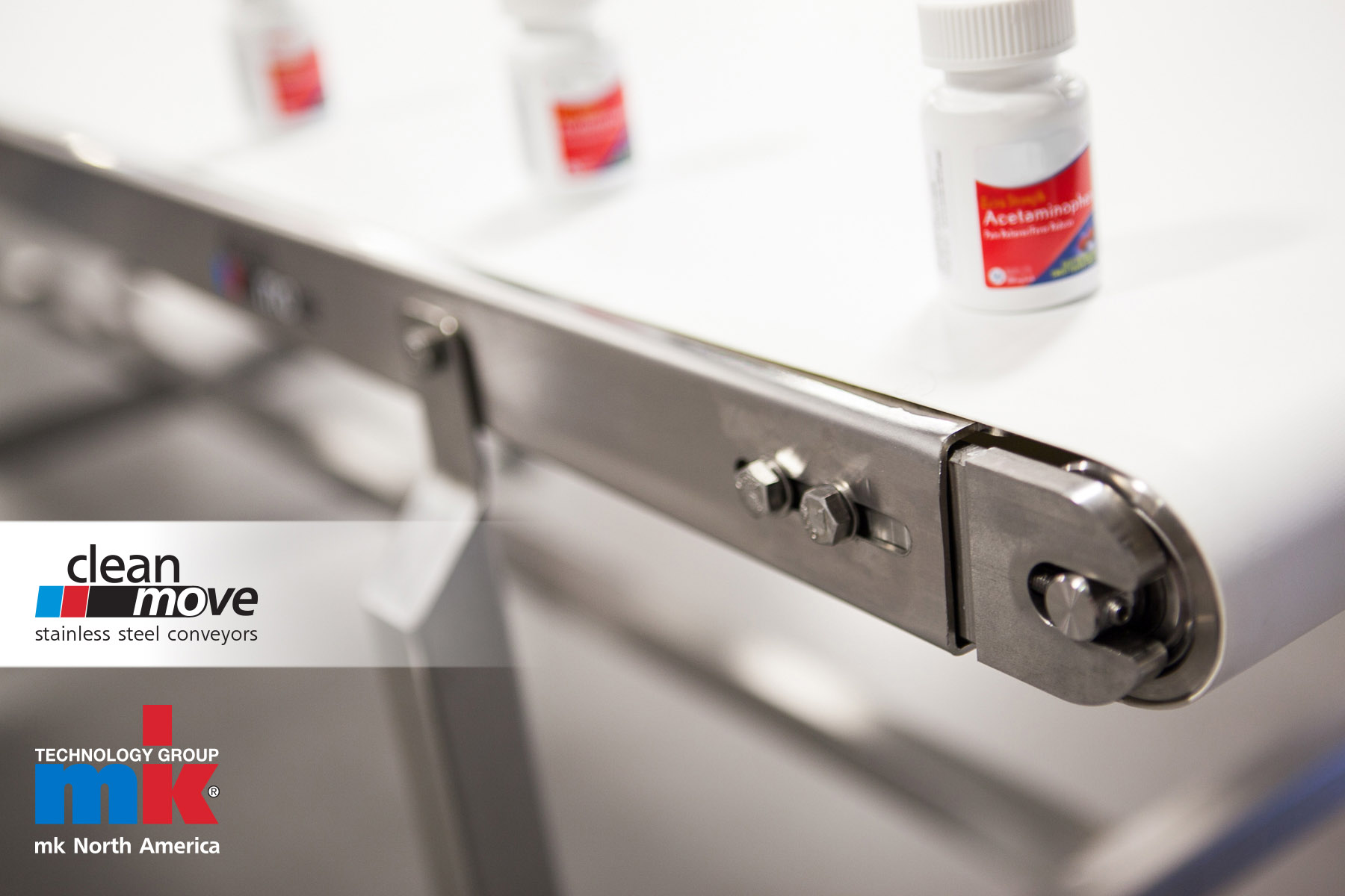 Shown here is a CleanMove Plus stainless-steel conveyor from mk North America. The modular design excels in the pharmaceutical industry because it withstands chlorinated cleanings and pressure washdowns to 1,500 psi. So it meets even the most rigorous Federal sanitation requirements.