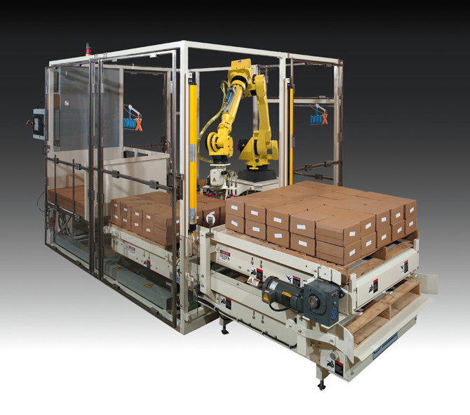 Schneider Packaging Equipment Co. Inc. manufactures a small robotic palletizer called the Robox. It’s shown here with an optional over-under conveyor. Roboxes use standard fractional-horsepower ac motor drives. Some Robox designs feature FANUC’s M-710iC/50H, a five-axis robot with 70-lb lifting capacity for material handling.