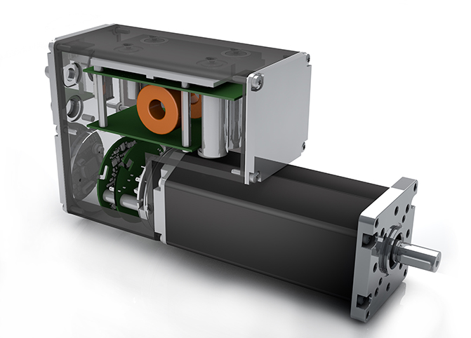 This is a 550-W Dunkermotoren BG 75 Direct Mains Connection (DMC) brushless dc motor. It’s representative of a larger trend towards integrated motor design, as it has integrated control electronics and (thanks to power-stage electronics) makes an external power supply unnecessary. It also contains PLC functions, fieldbus interfaces, and one of any number of encoders and brakes. 20 years ago, many of these components could’ve filled a control cabinet. Today, they all fit inside one motor housing. Depending on the application, this motor can even render a control cabinet unnecessary.