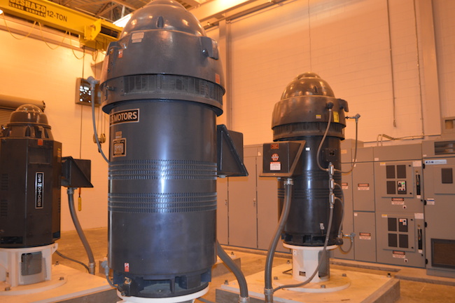 Variable frequency drives from Eaton are used to control these 800-hp pumps in the water treatment plant. 