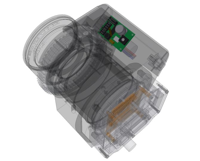 This CAD drawing shows how AllMotion EZSV10 controllers mount inside Pictometry imaging assemblies. The controller allows fully programmable motion ramps and speeds, encoder-based feedback, 4-MHz maximum encoder frequency, and PWM or On/Off output.