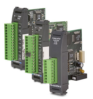 Options for I/O include expansion modules, such as these analog I/O modules from Automation Direct. Signal ranges include 4-20 mA or 0-20 mA, and 0-5 V or 0-10 V input and output ranges along with thermocouple and RTD temperature inputs. 