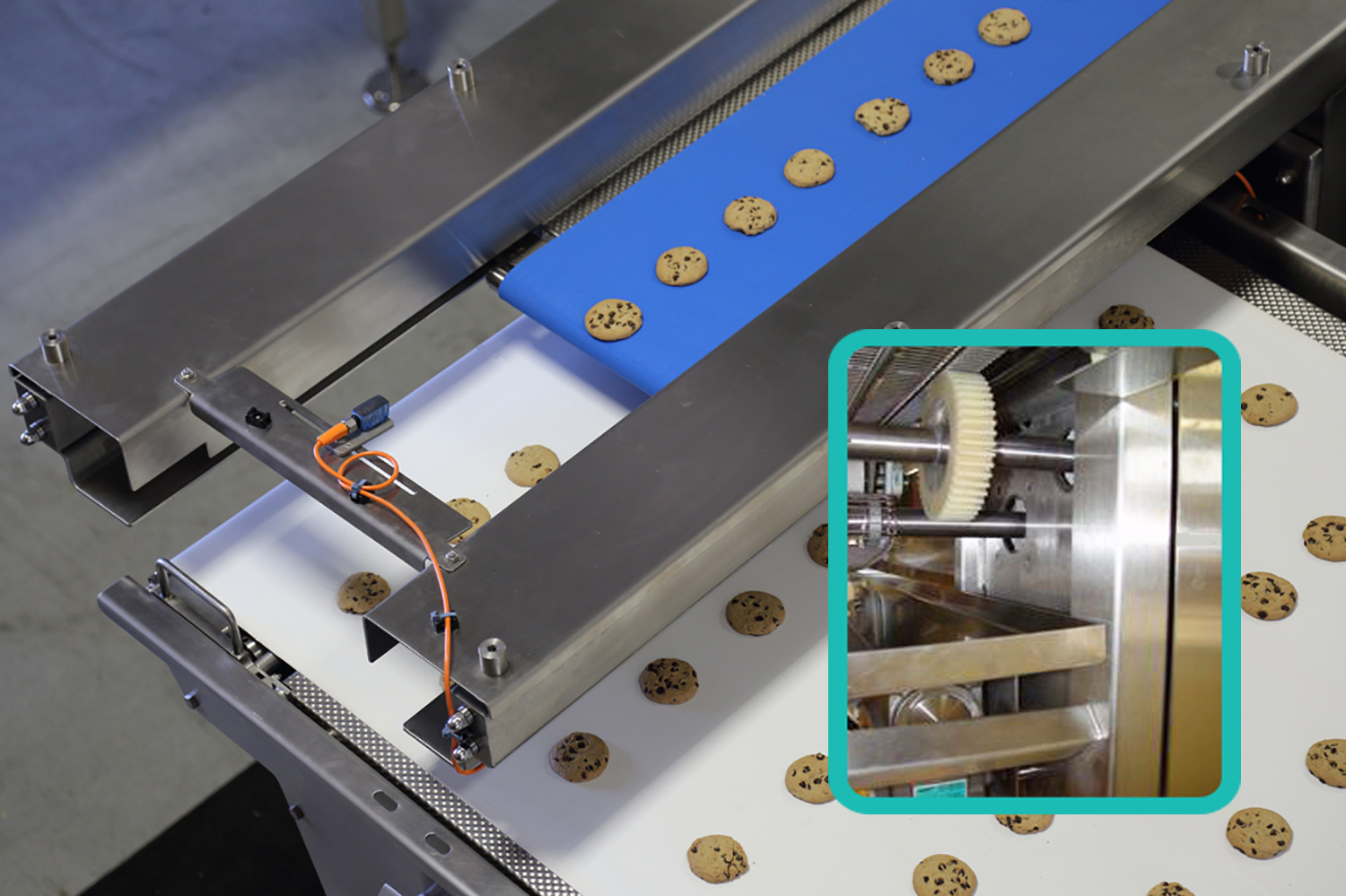 KLEENLine retractable conveyors use precision-machined PowerCore open gearing from Intech Corp. for better washdown