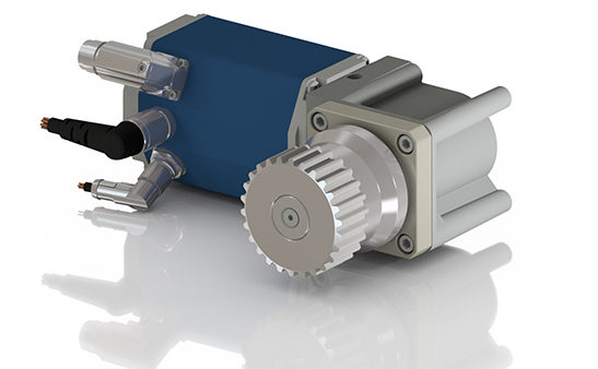 Dunkermotoren compact AGV wheel-drive design and high efficiency with a brushless dc motor from Dunkermotoren and a specialty gear assembly from German gear manufacturer Framo Morat