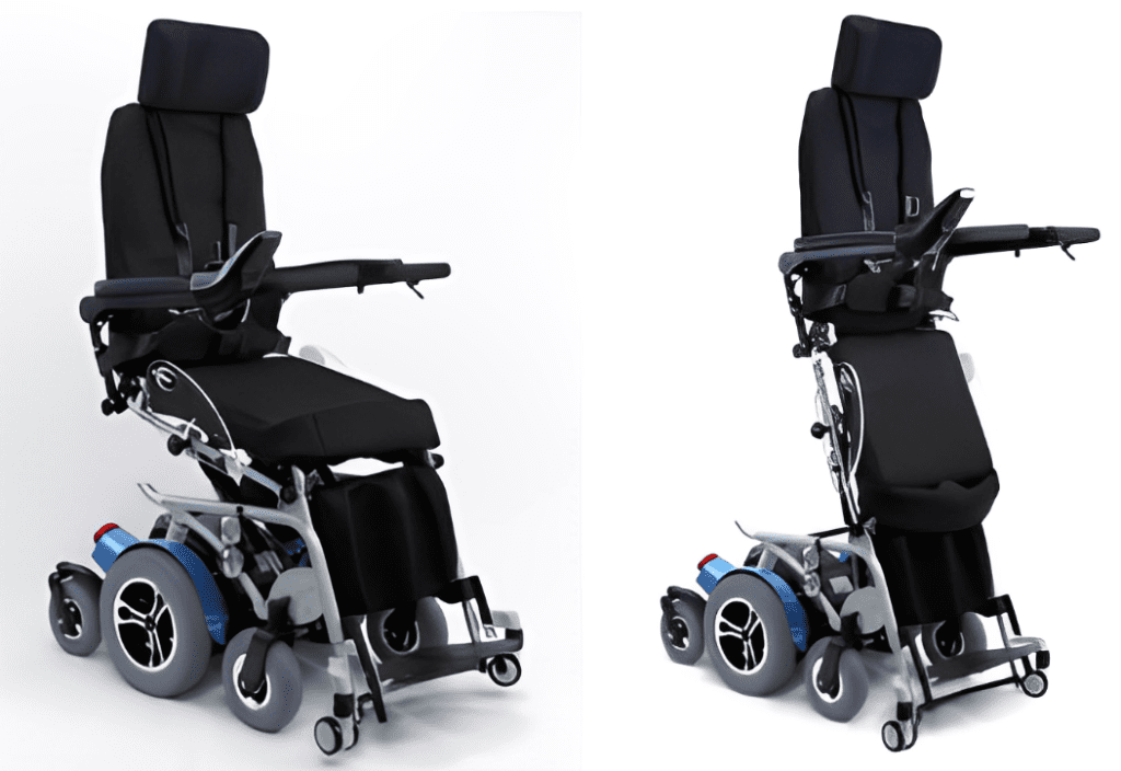 Motorized wheelchair in power life and manual lift positions