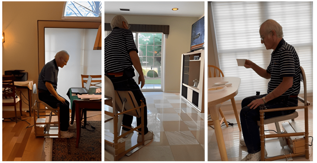 A person tests the robotic chair by sitting and actuating the chair for different applications