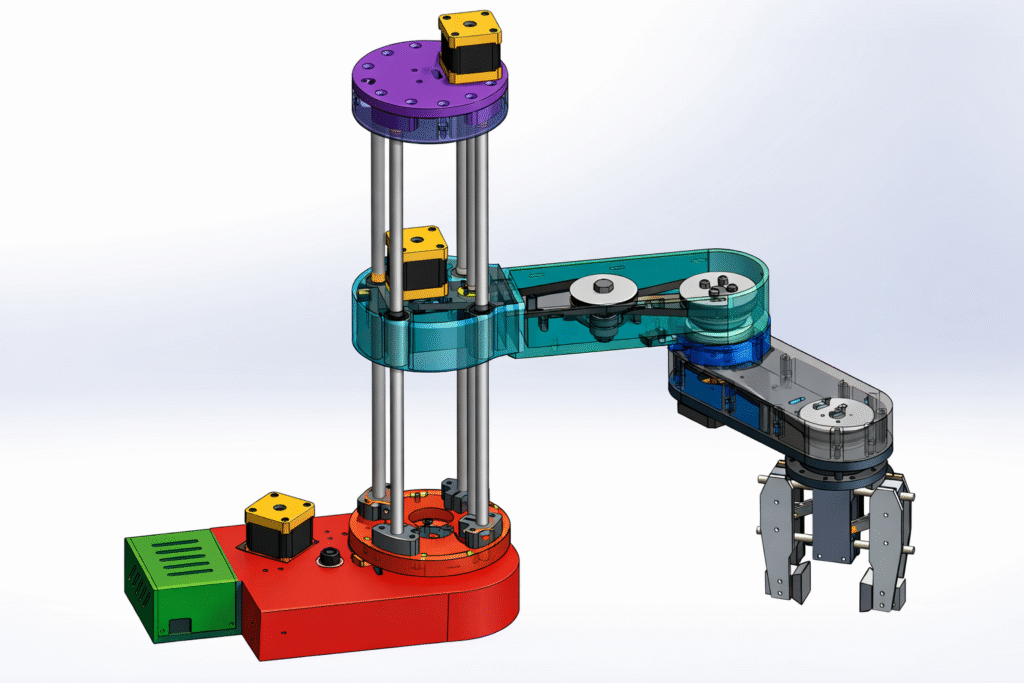 On this approachable SCARA assembly, there are stepper motors, belt drives, and a screw-driven vertical axis with plain linear guides.