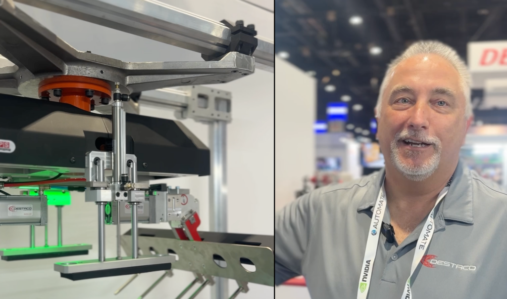 Engineer Gary Labadie explains Destaco palletizing gripper for heavy bag handling